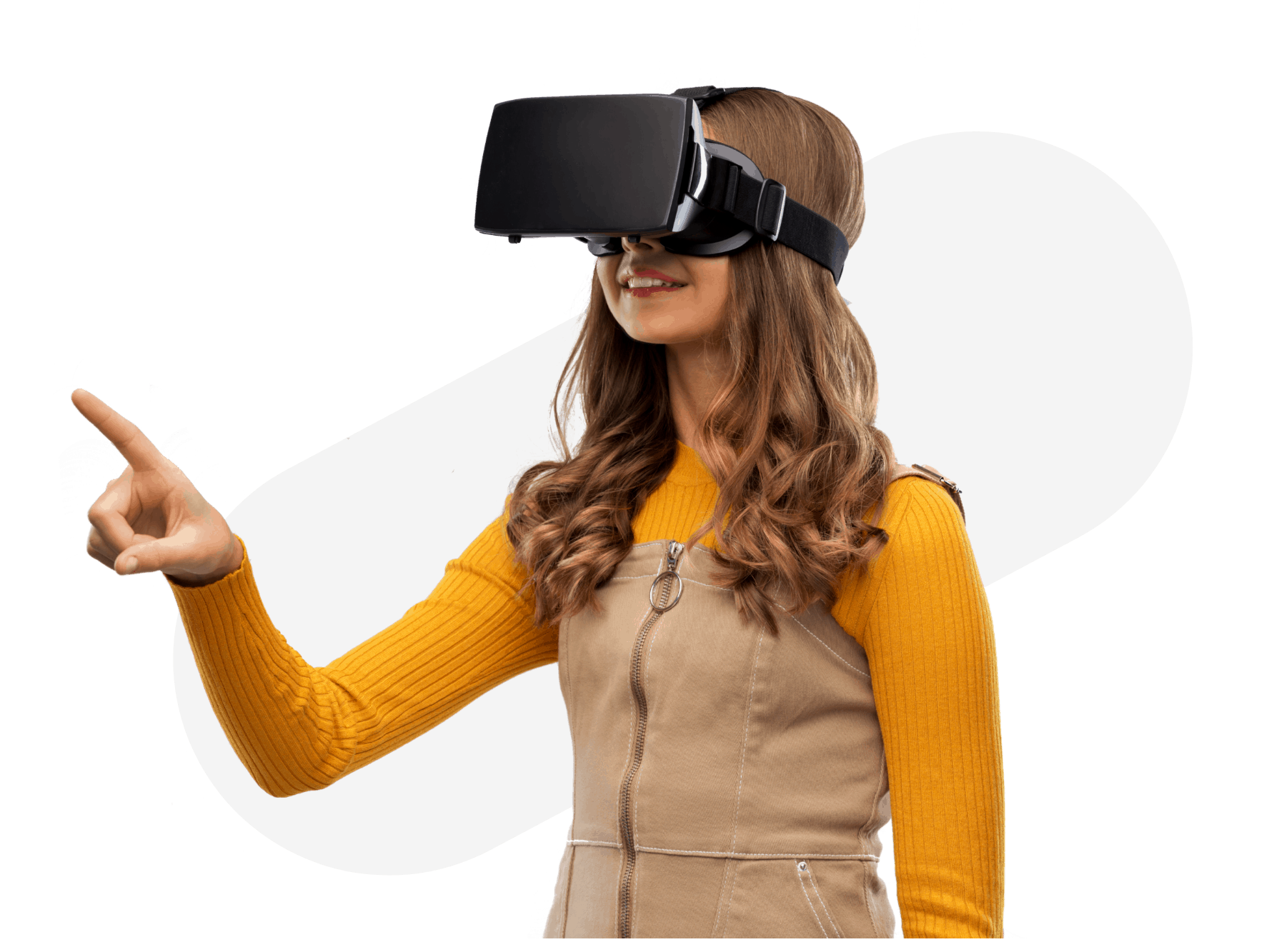 girl wearing a black VR headset pointing