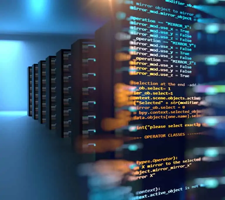 server room 3d illustration with node base programming data